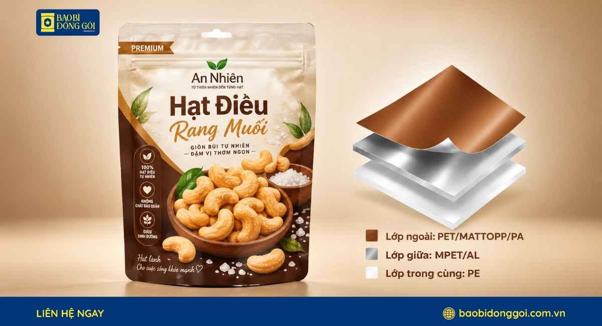 Cấu trúc màng ghép 2 lớp 3 lớp bao bì hạt điều
