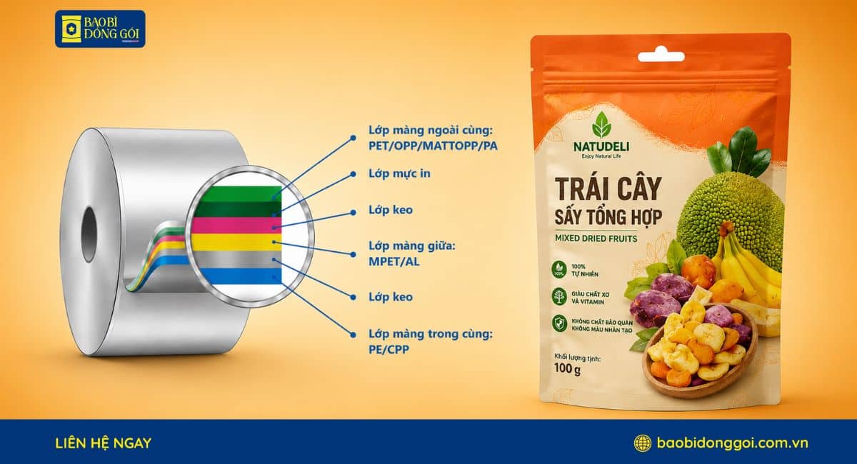 Cấu trúc các lớp màng trong bao bì trái cây sấy