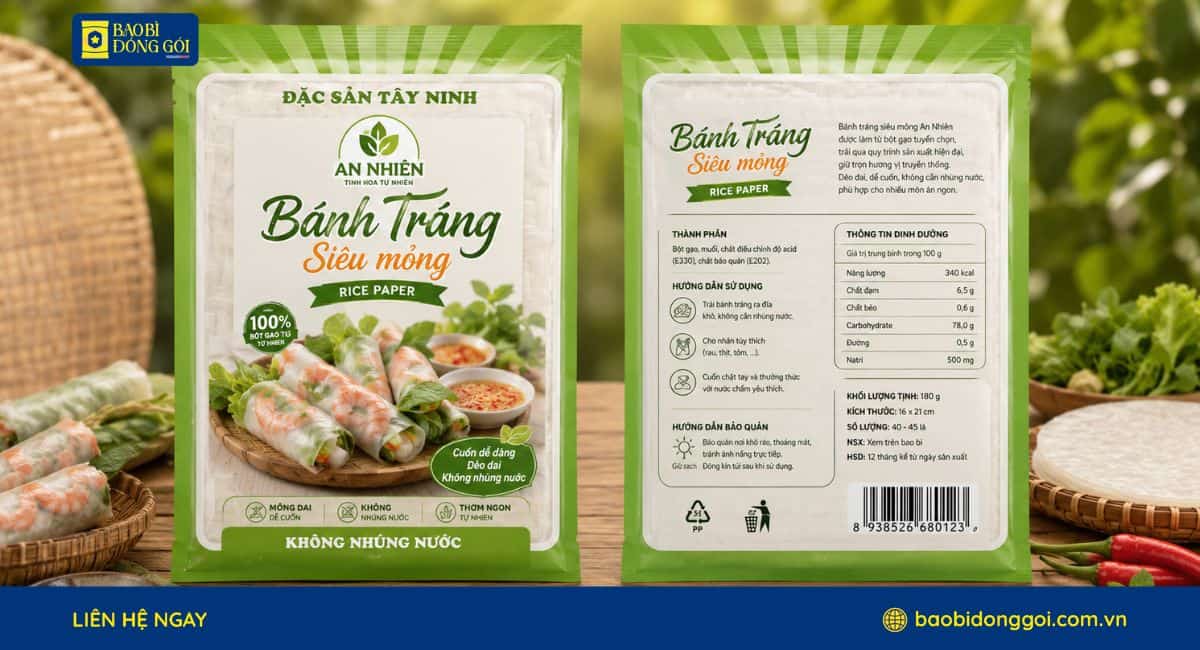 Dịch vụ in bao bì bánh tráng 2 mặt trước sau theo yêu cầu doanh nghiệp