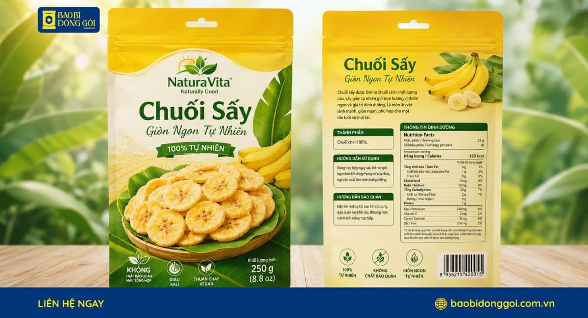 Dịch vụ in bao bì chuối sấy 2 mặt trước sau rõ nét đầy đủ thông tin
