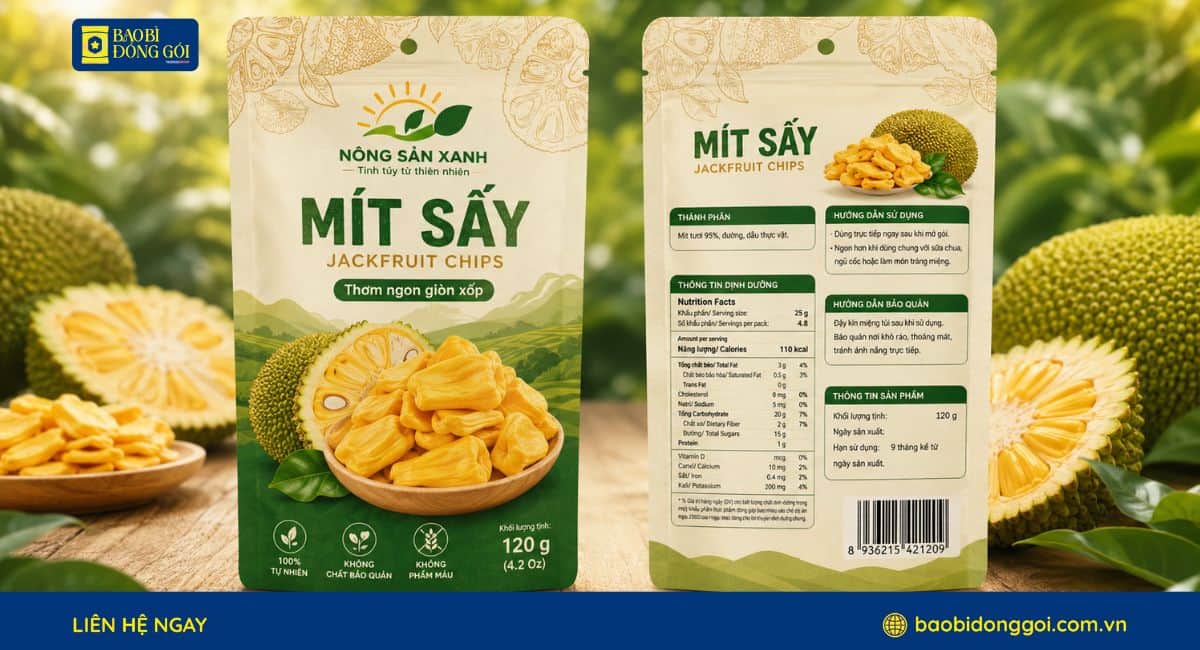 Dịch vụ in bao bì mít sấy 2 mặt trước sau đầy dủ thông tin