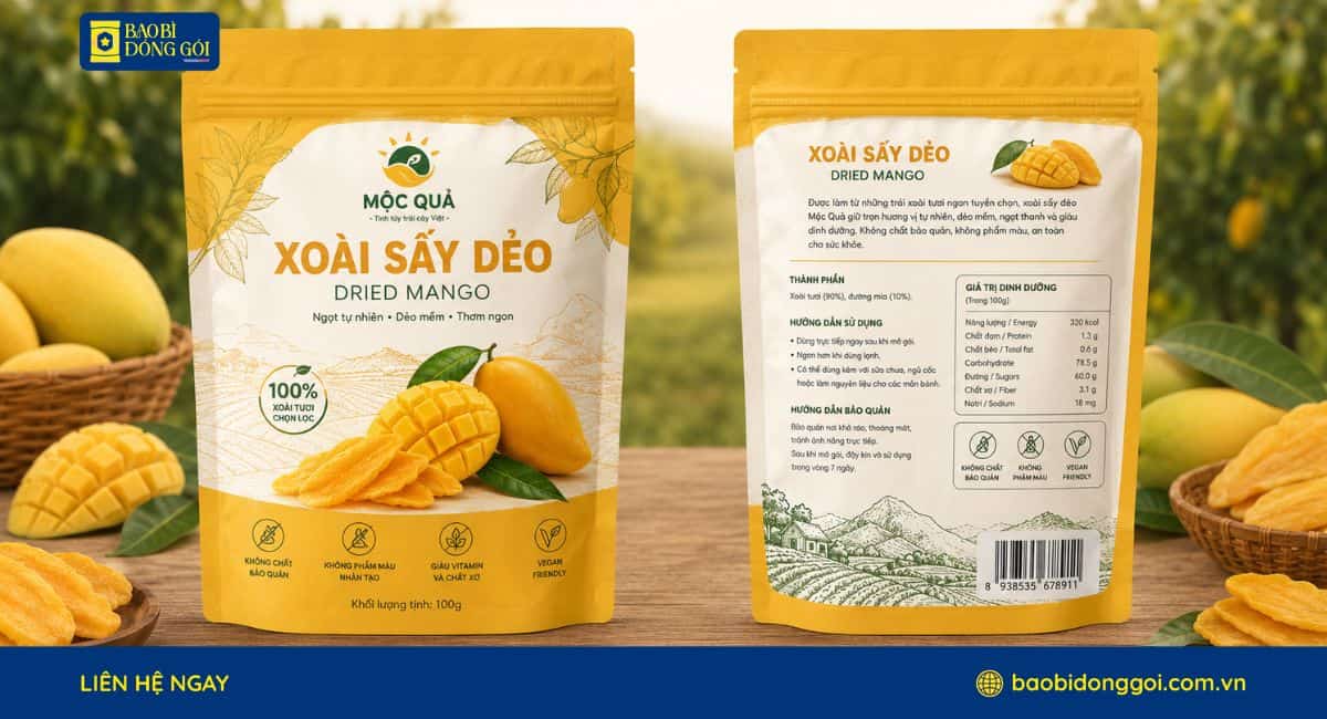 Dịch vụ in bao bì xoài sấy dẻo theo yêu cầu 2 mặt trước sau