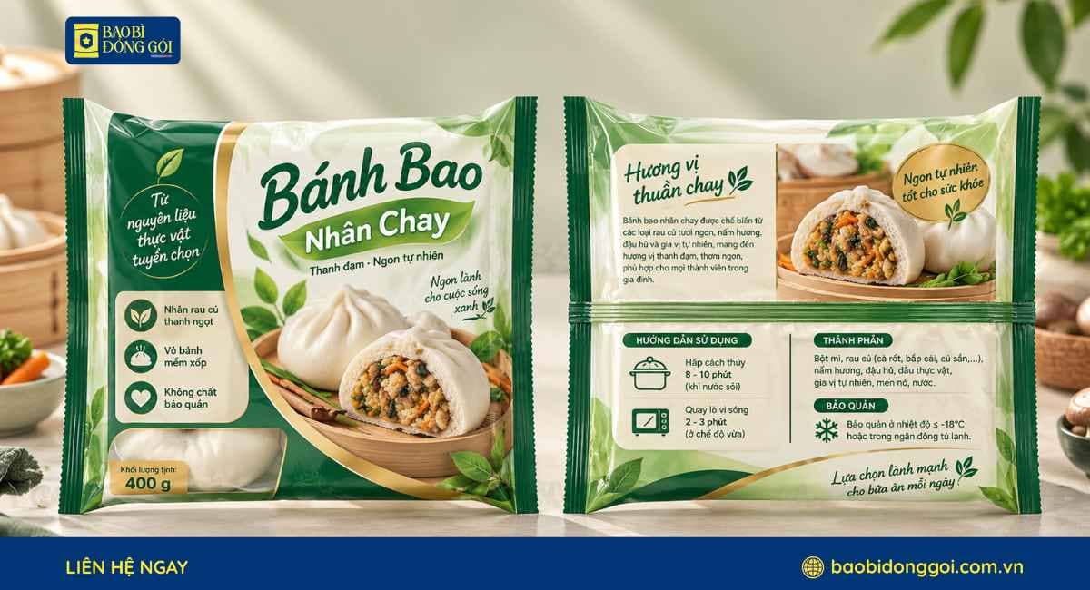 Mẫu bao bì bánh bao chay túi hàn lưng giữa in trục đồng 2 mặt trước sau