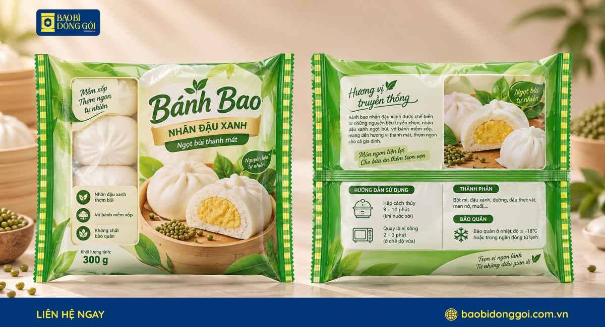 Mẫu bao bì nhân đậu xanh in trục rõ nét tăng nhận diện thương hiệu