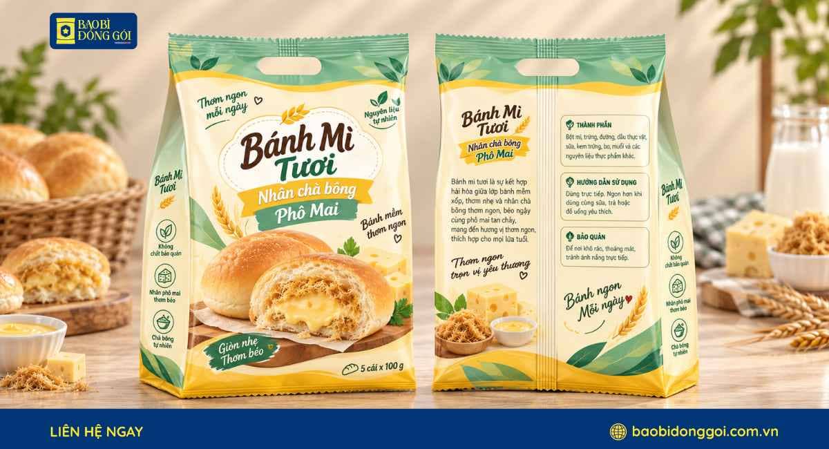 Mẫu bao bì bánh mì tươi chà bông phô mai