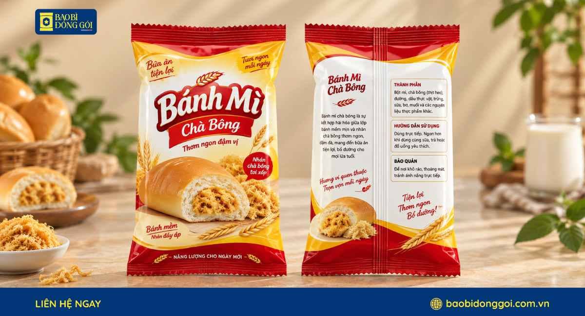 Mẫu bao bì bánh mì tươi chà bông 2 mặt trước sau