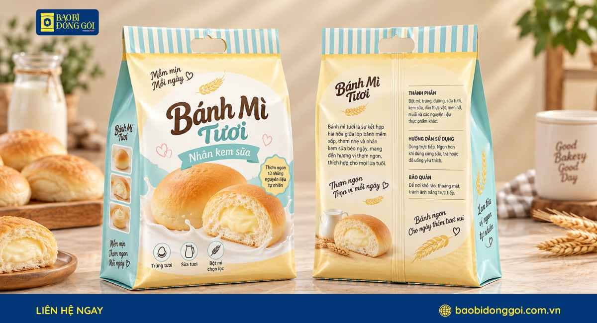 Mẫu bao bì bánh mì tươi in trục đồng túi 8 cạnh in đẹp rõ nhận diện thương hiệu