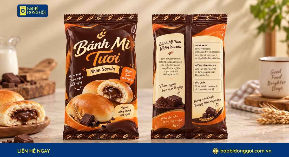 Mẫu bao bì bánh mì tươi nhân socola in trục đồng 2 mặt trước sau