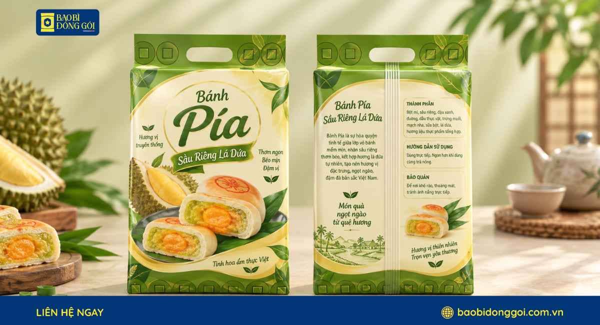 Mẫu bao bì bánh pía sầu riêng lá dứa gia công thêm quai xách