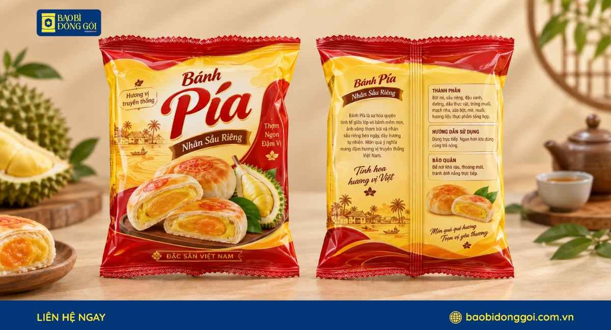 Mẫu bao bì bánh pía sầu riêng túi nhỏ đựng 1 cái