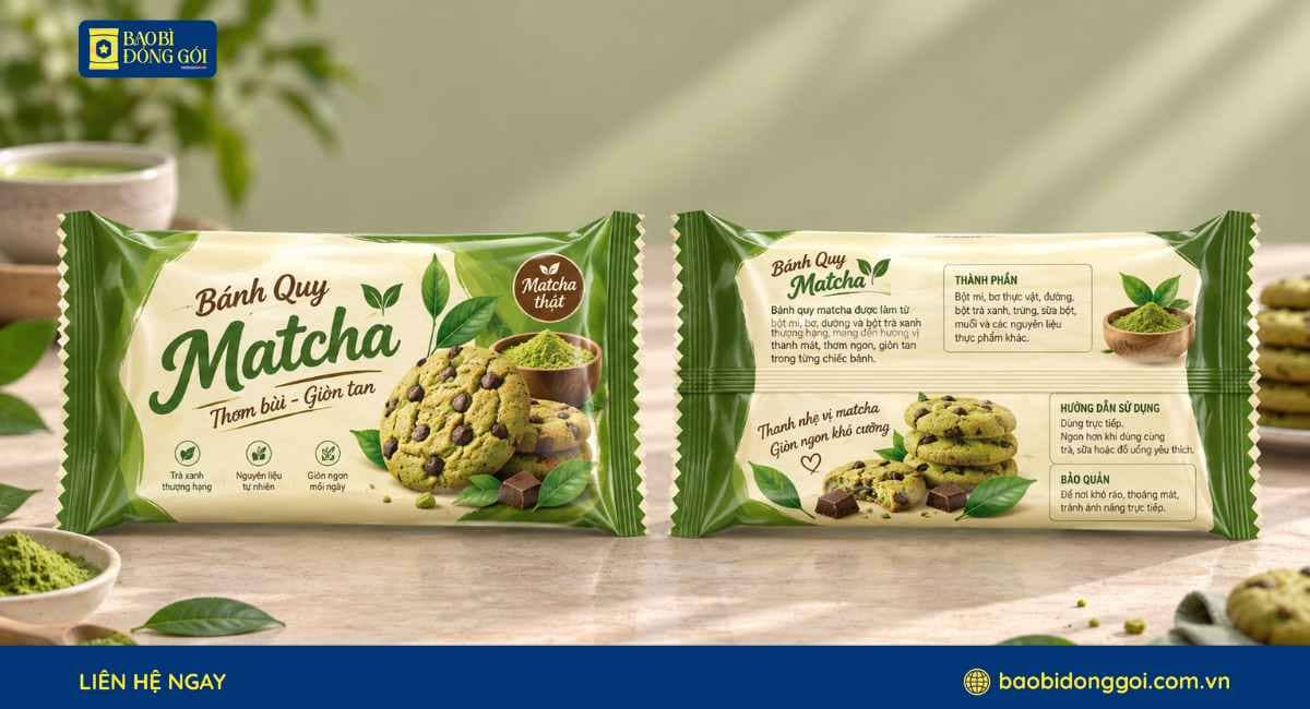 Mẫu bao bì bánh quy matcha túi hàn lưng giữa gia công đường xé