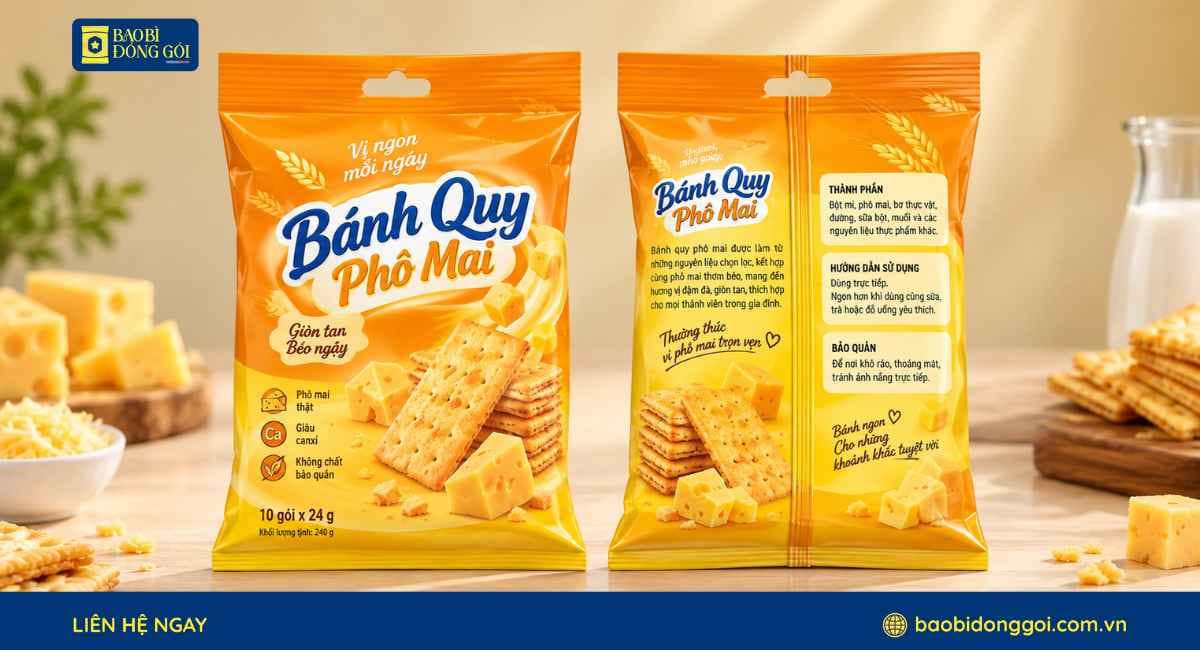 Mẫu bao bì bánh quy phô mai túi hàn lưng giữa 2 mặt trước sau