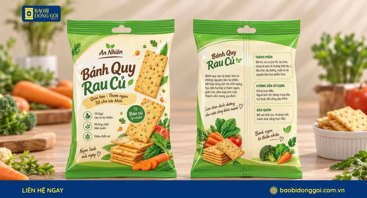 Mẫu bao bì bánh quy rau cũ túi hàn lưng giữa in sắc nét  7 màu trên bao bì