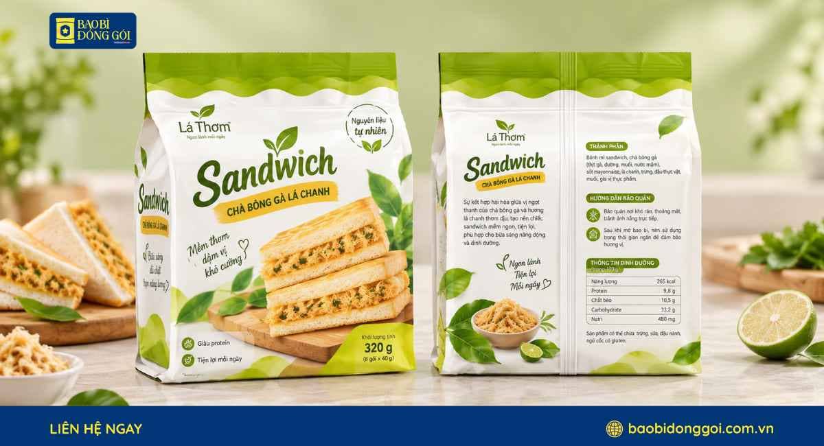 Mẫu bao bì bánh sandwich chà bông in trục 5 màu ghép 3 lớp