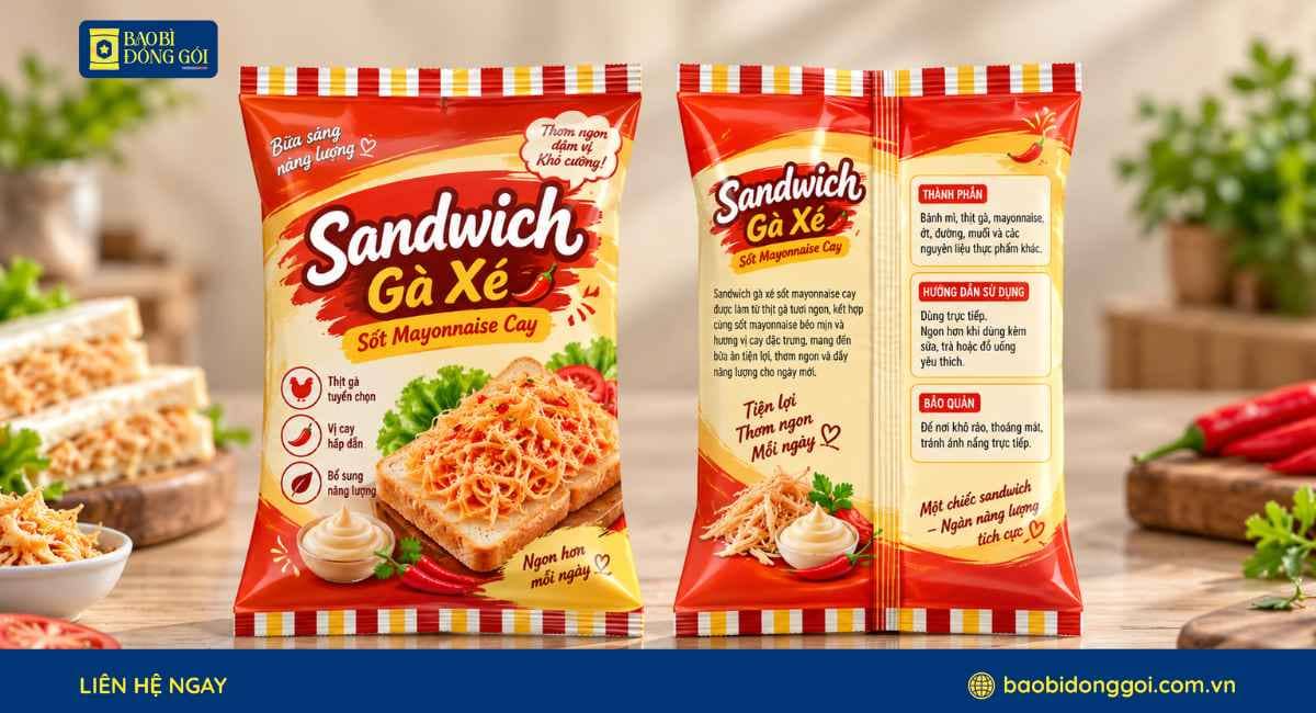 Mẫu bao bì bánh sandwich gà xé ghép 2 lớp túi hàn lưng giữa