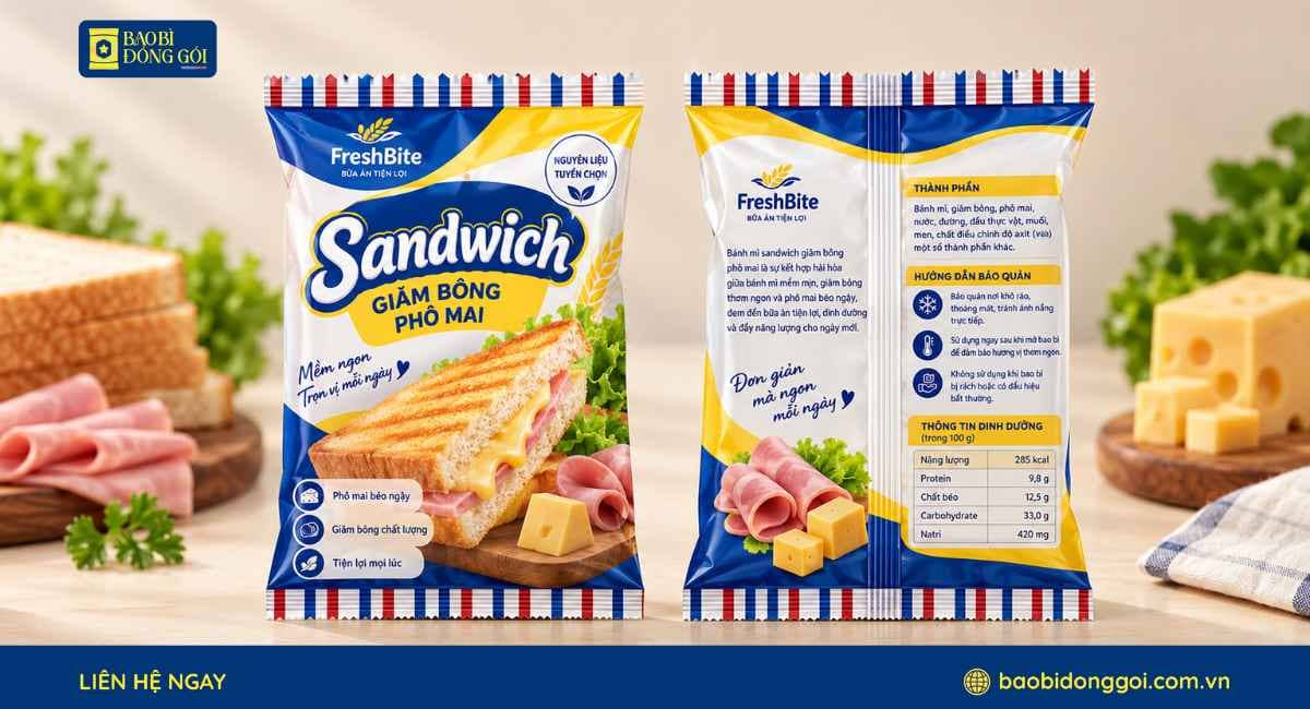 Mẫu bao bì bánh sandwich giăm bông phô mai 3 lớp in trục 6 màu