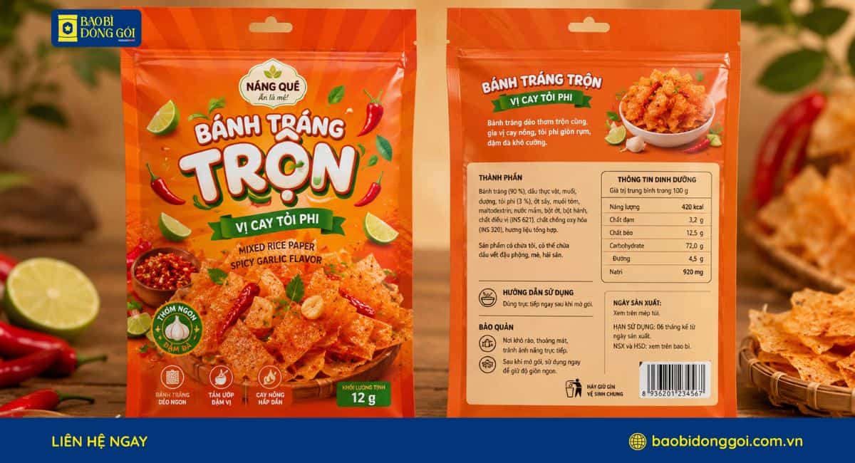 Mẫu bao bì bánh tráng trộn ăn vặt in ống đồng sắc nét