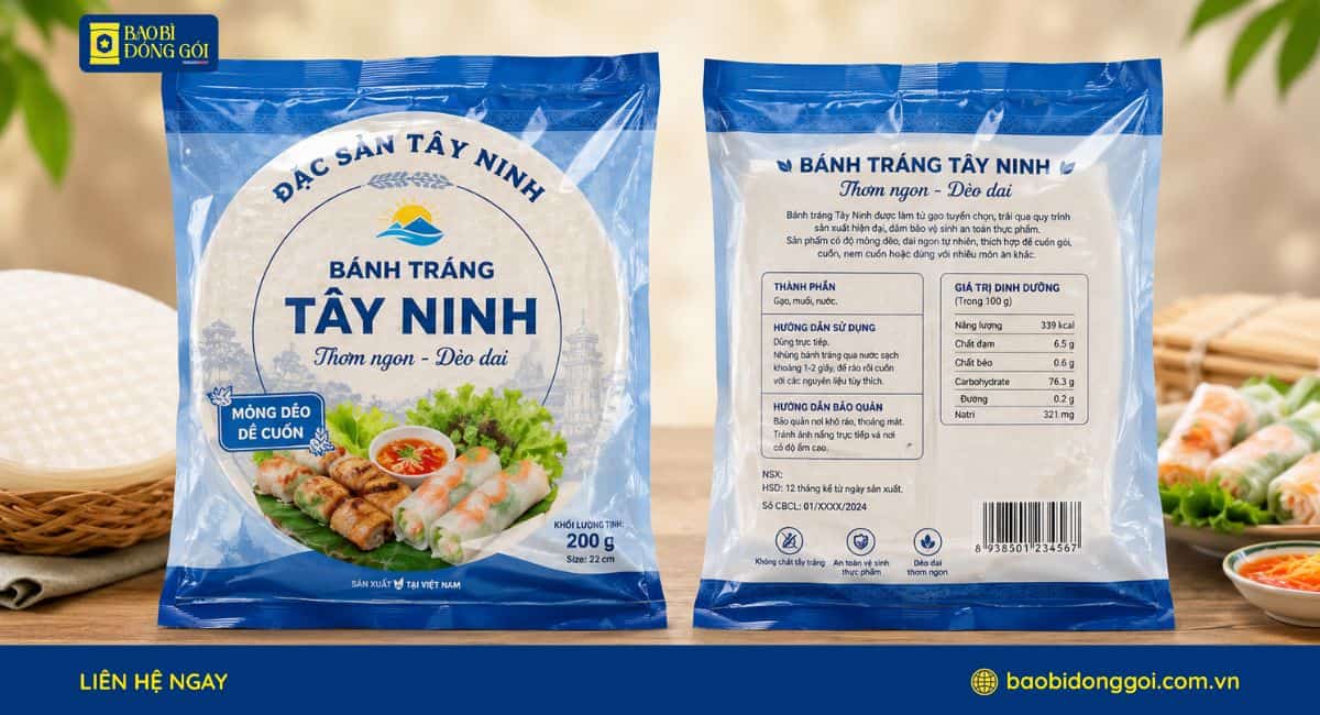 Mẫu bao bì bánh tráng Tấy Ninh túi 3 hàn lưng giữa in theo yêu cầu khách hàng
