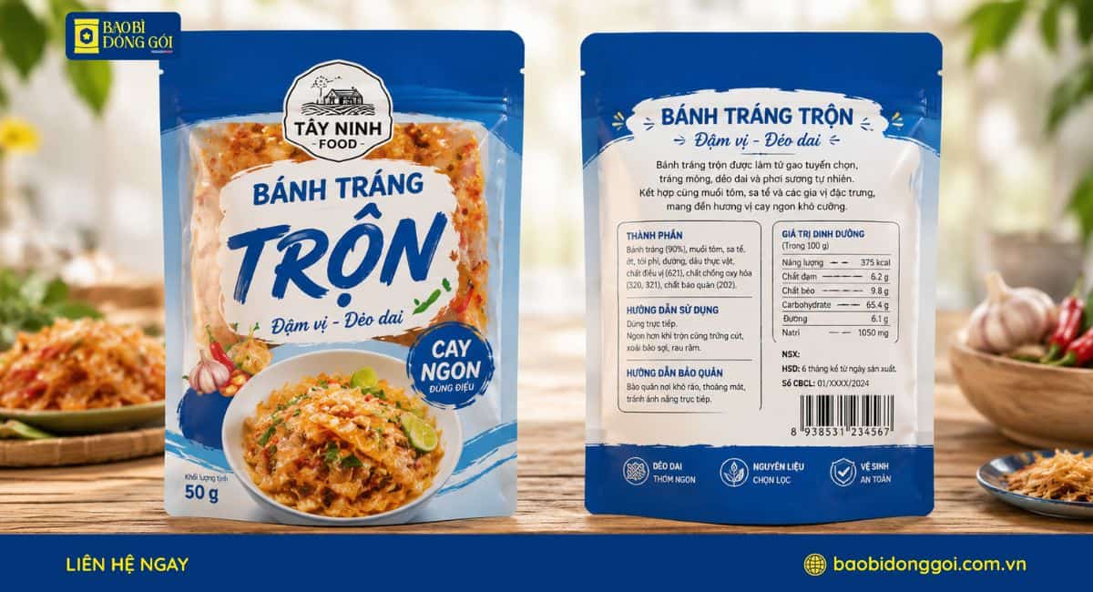 Mẫu bao bì bánh tráng trộn ăn vặt in 2 mặt trước sau theo yêu cầu khách hàng