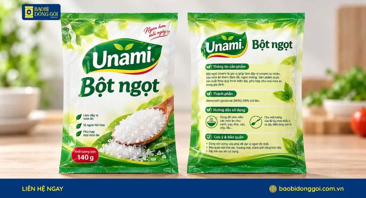 Mẫu bao bì bột ngọt gói nhỏ 140g trục đồng 5 màu ghép 2 lớp