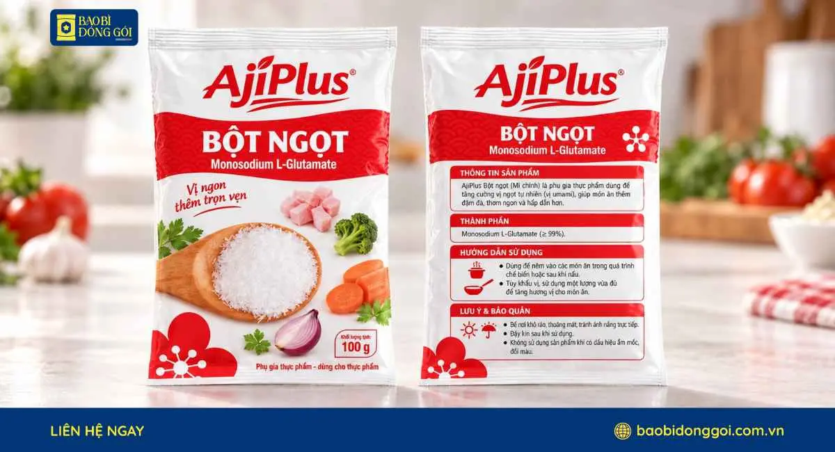Mẫu bao bì bột ngọt 2 mặt trước sau cấu trúc 2 lớp