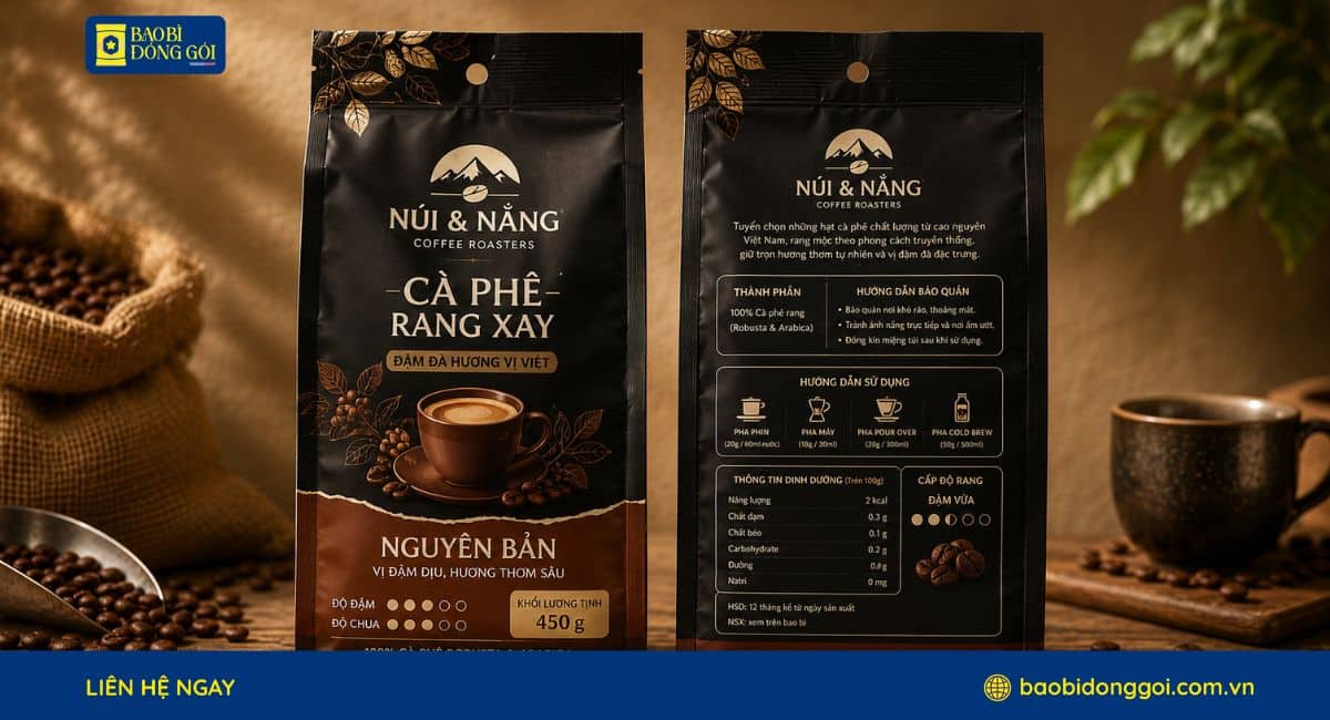 Mẫu bao bì cà phê rang xay được in trục đồng 2 mặt rõ nét