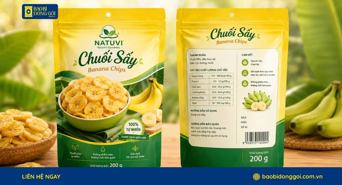 Mẫu bao bì chuối sấy 200g in trục đồng 4 màu túi zipper đáy đựng 200g