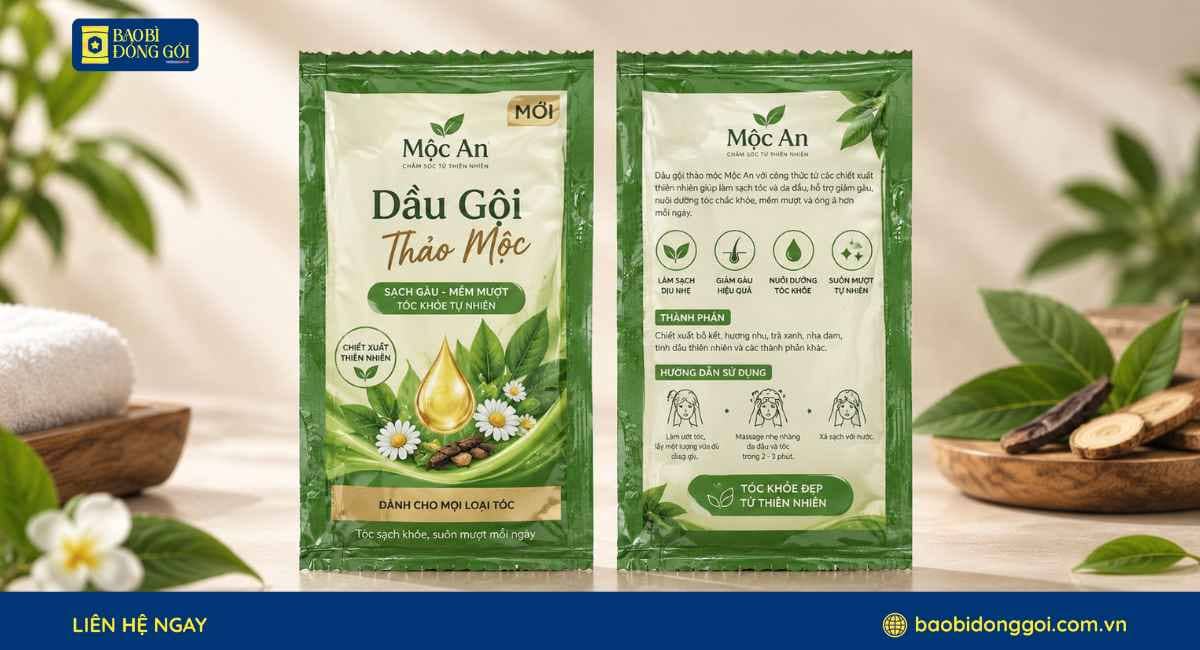 Mẫu bao bì dầu gội gói nhỏ in 2 mặt trước sau