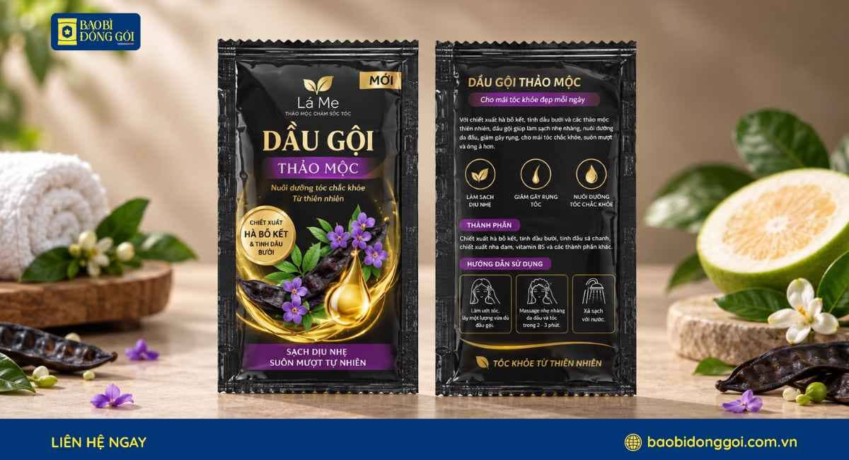 Mẫu bao bì dầu gội thảo mộc dạng gói nhỏ in trục đồng 2 mặt trước sau