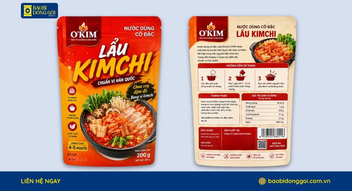 Mẫu bao bì đựng nước lẩu kim chi 200g 2 mặt trước sau