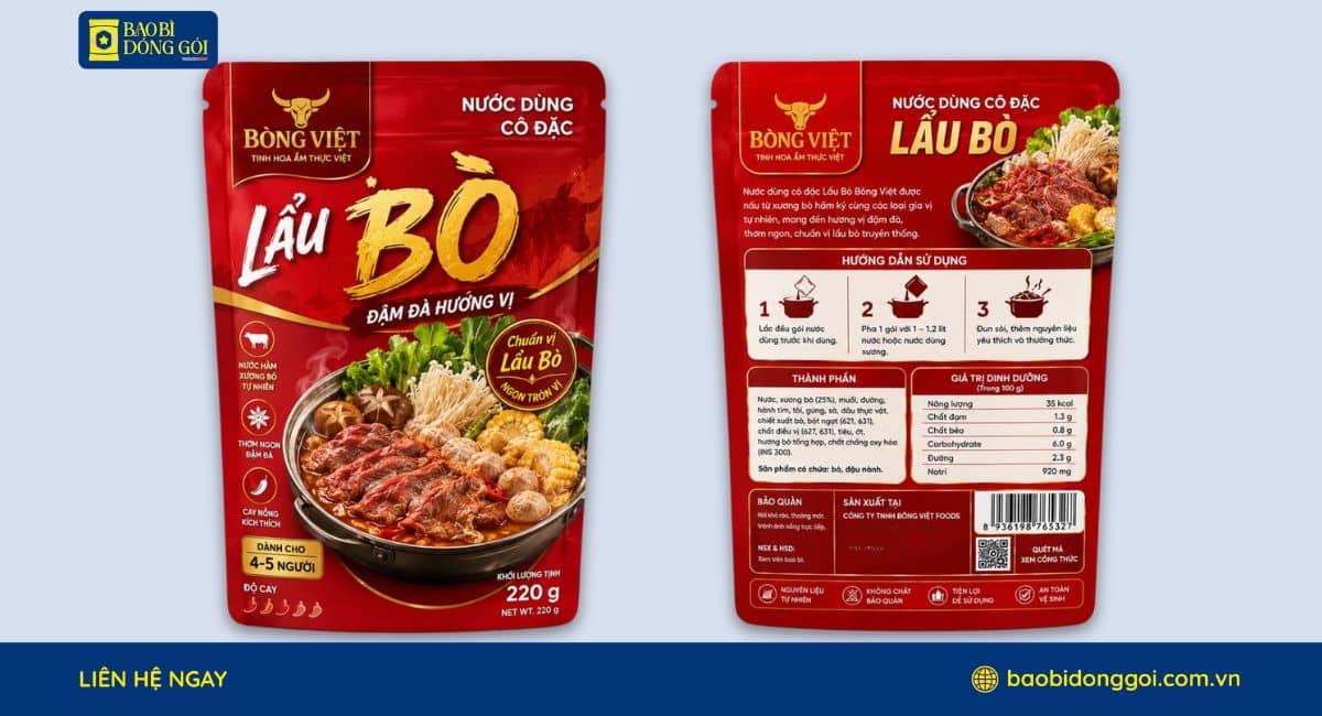 Mẫu bao bì đựng nước lẩu 220g 2 mặt trước sau