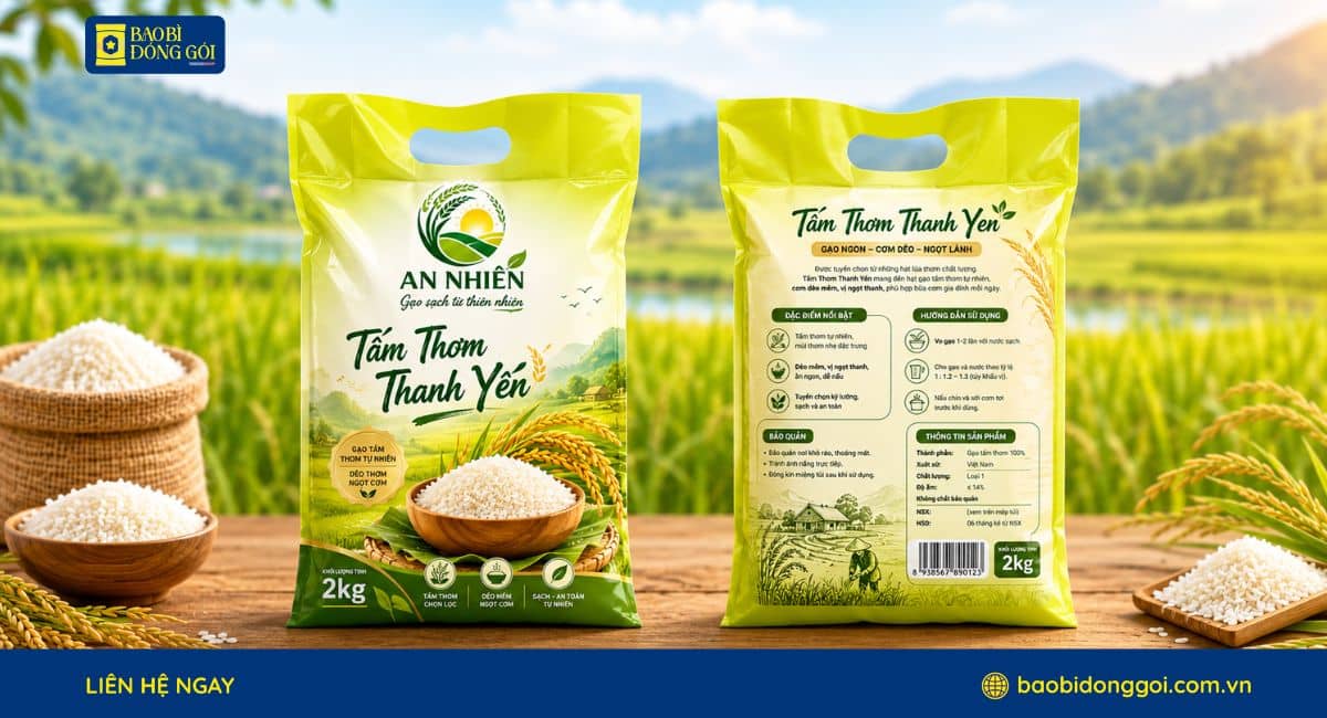 Mẫu bao bì gạo 2kg được in trục đồng kèm đục quai xách
