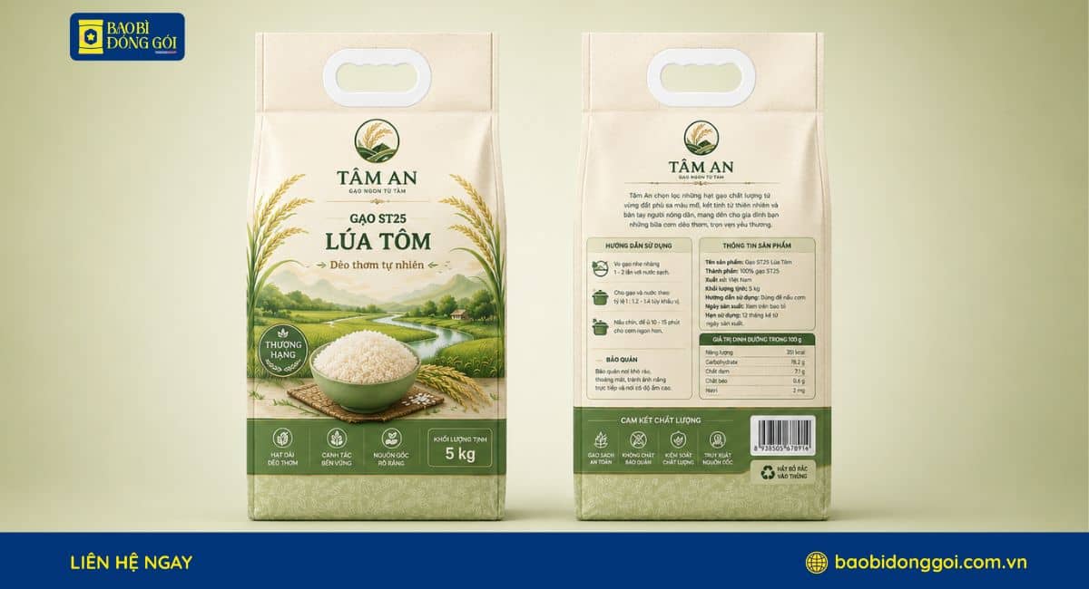 Mẫu bao bì đựng gạo loại túi 8 cạnh cho trọng lượng 5kg