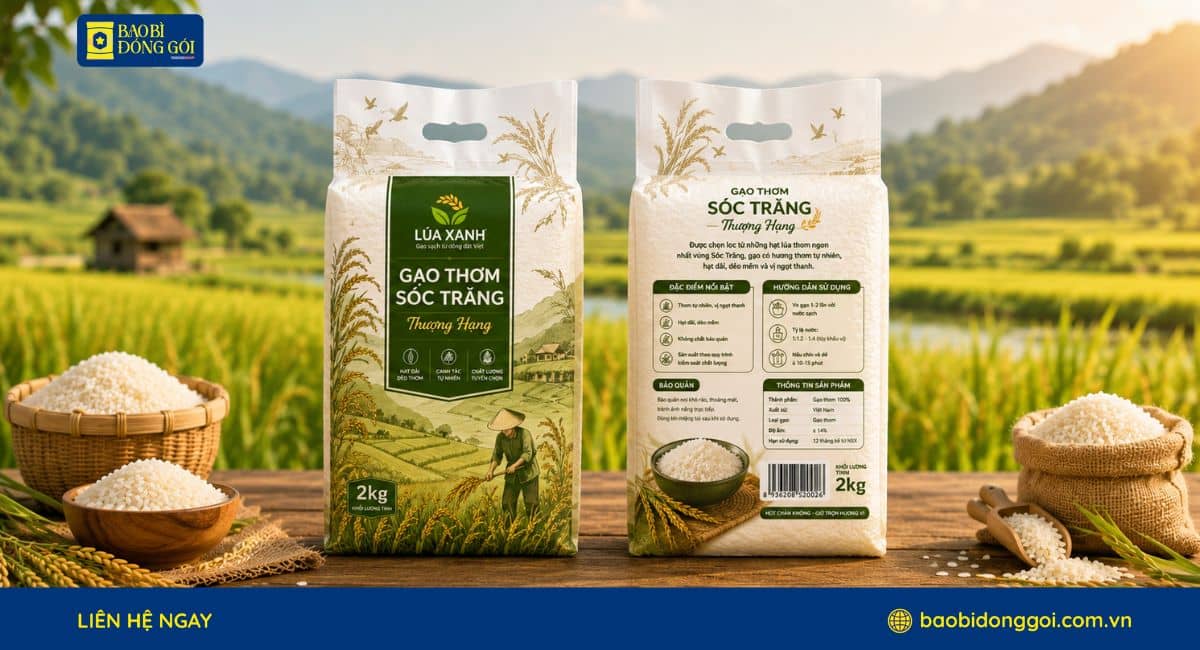 Mẫu bao bì gạo màng PA/PE hỗ trợ hút chân không