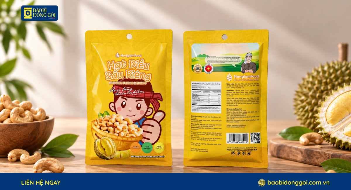 Mẫu bao bì hạt điều sầu riêng in trục đồng ghép dung môi 3 lớp