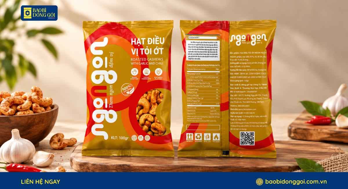 Mẫu bao bì hạt điều tỏi ớt túi hàn lưng giữa 2 mặt trước sau