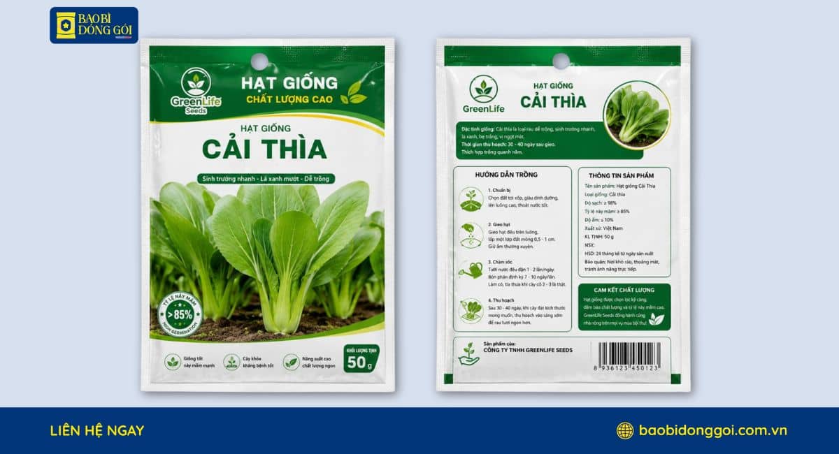Mẫu bao bì hạt giống cải thìa 50g in 2 mặt trưỡc sau