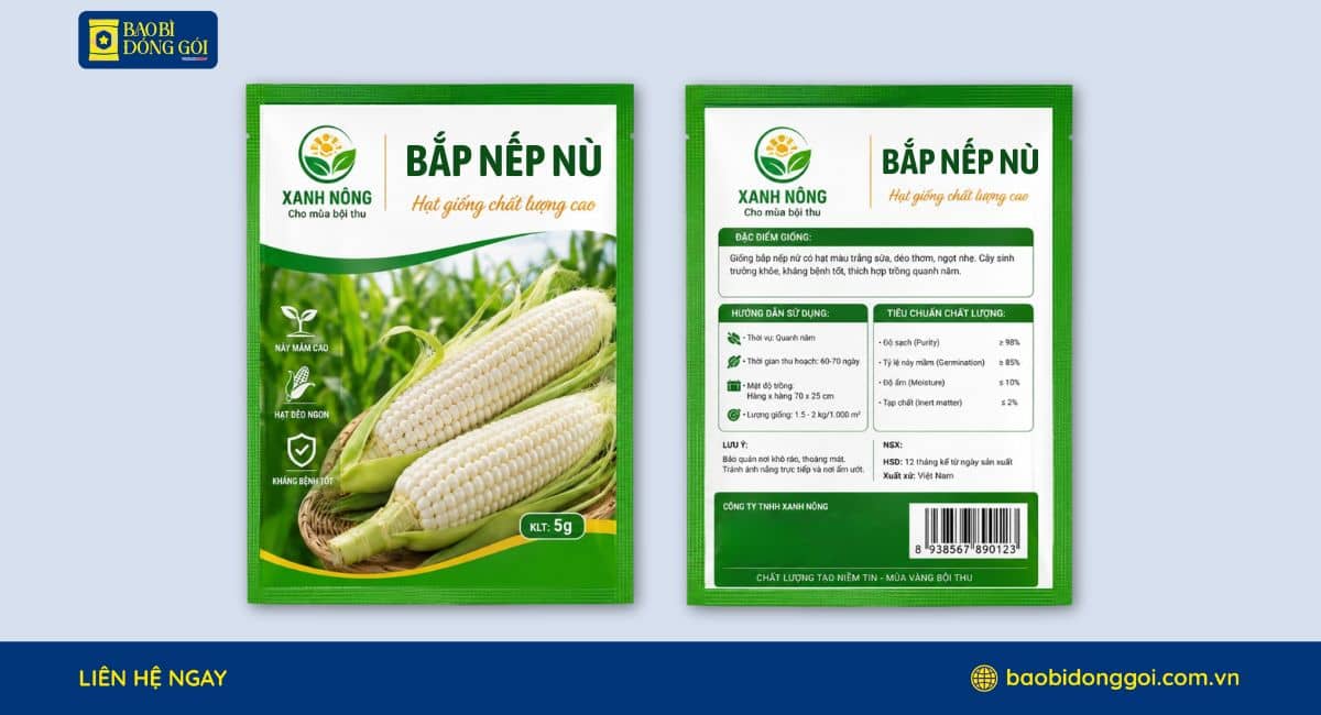 Mẫu bao bì hạt giống bắp nếp loại 5g in 2 mặt trước sau
