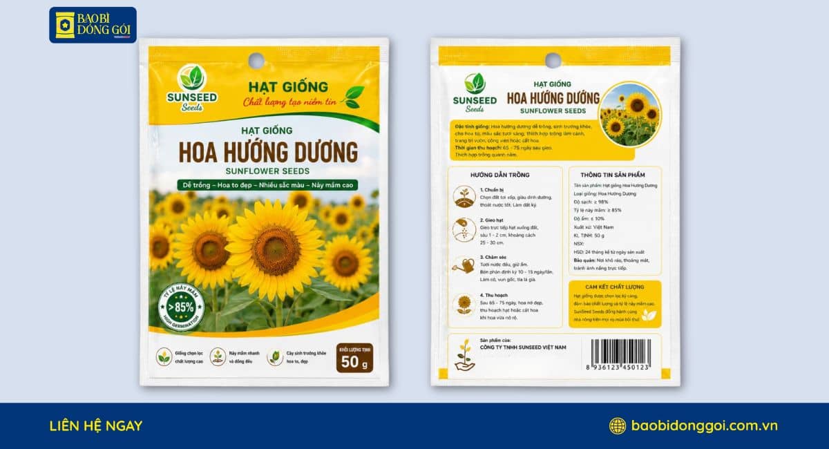 Mẫu bao bì hạt giống hoa hướng dương in ống đồng sắc nét