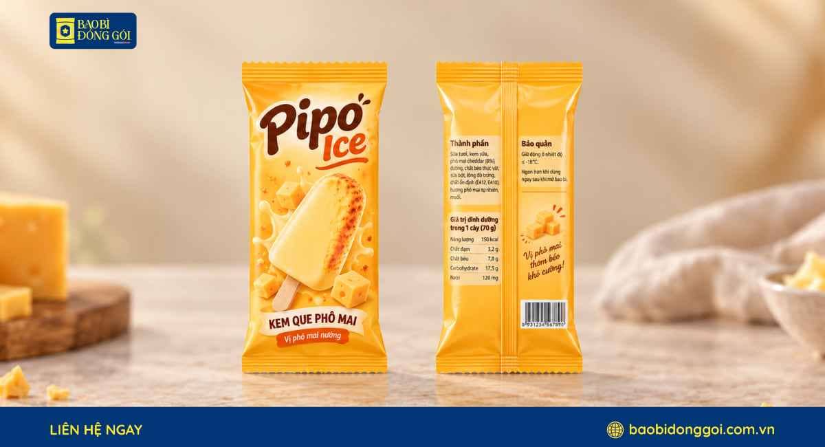 Mẫu bao bì kem que phô mai cấu ghép 2 lớp hàn lưng giữa