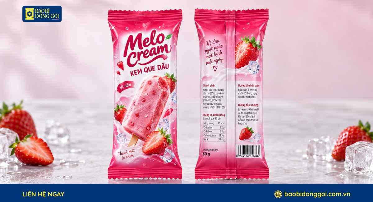 Mẫu bao bì kem que vị dâu in trục đồng 5 màu tăng nhận diện thương hiệu