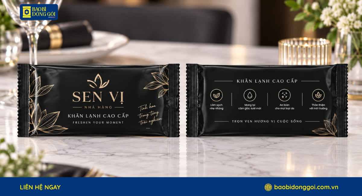 Mẫu bao bì khăn lạnh nhà hàng in trục đồng sang trọng