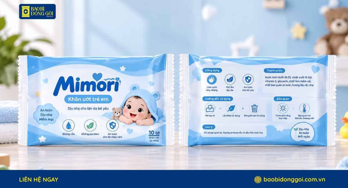 Mẫu bao bì khăn lạnh cho trẻ em in đầy đủ các thành phần không gây kích ứng