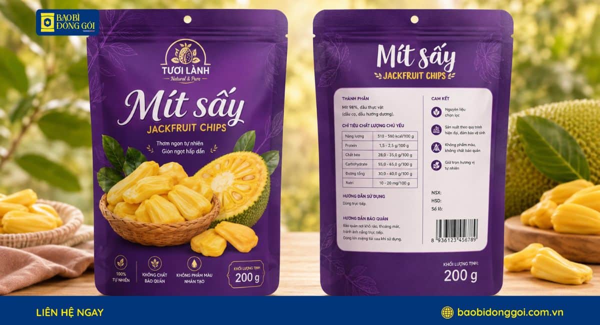 Mẫu bao bì mít sấy 200g in trục đồng 3 màu theo yêu cầu thương hiệu
