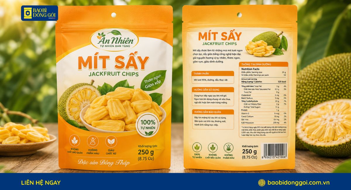 Mẫu bao bì mít sấy 250g in trục đồng 4 màu