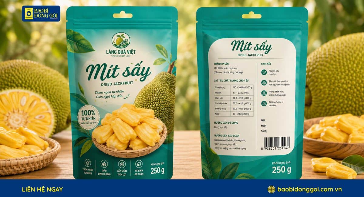 Mẫu bao bì mít sấy 250g loại túi zipper đáy đứng có đục lỗ treo