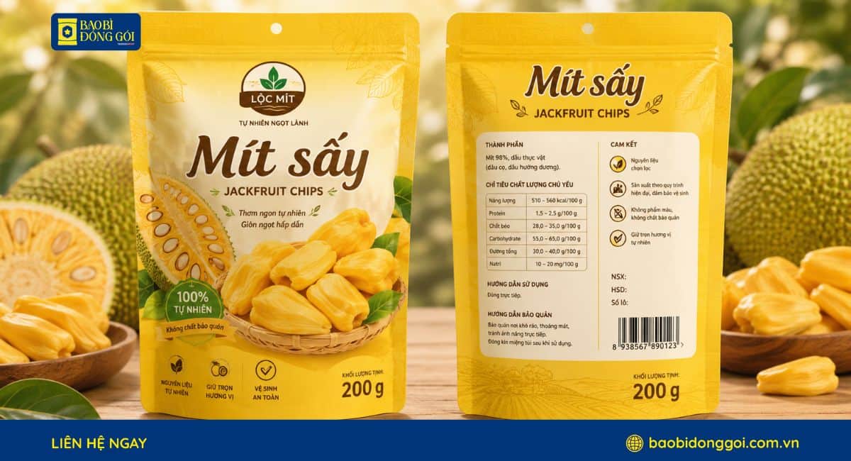 Mẫu bao bì đựng mít sấy in logo thương thiệu rõ nét