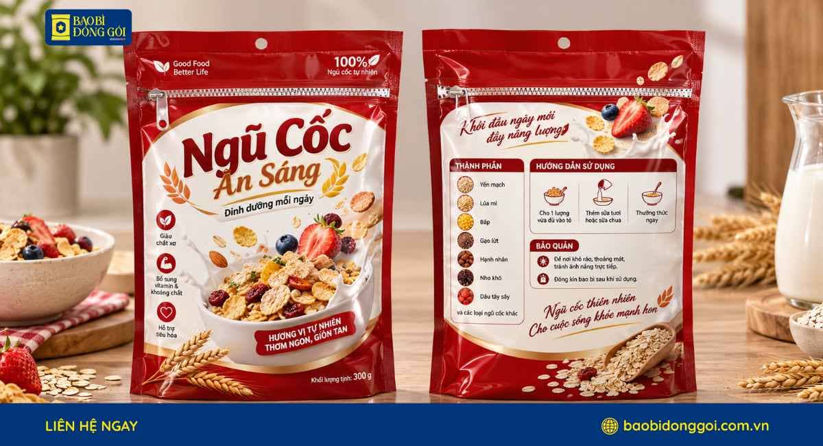 Mẫu bao bì ngũ cốc ăn sáng in theo yêu cầu trục đồng 7 màu