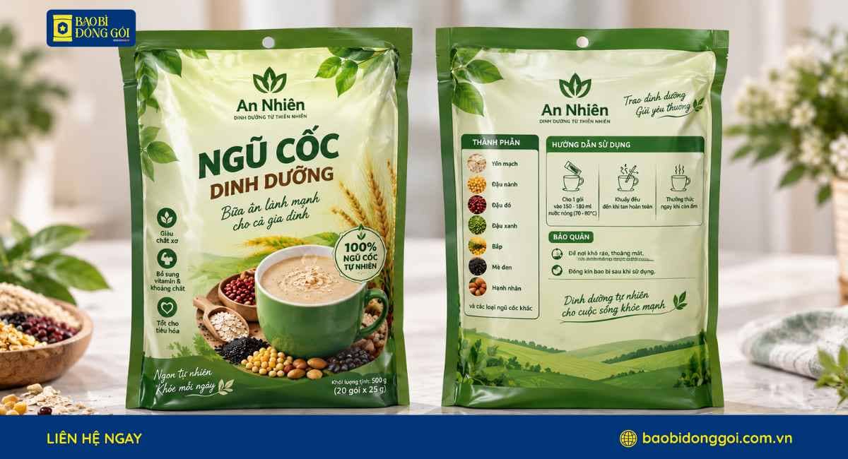 Mẫu bao bì ngũ cốc dinh dưỡng in trục đồng ghép dung môi theo yêu cầu doanh nghiệp