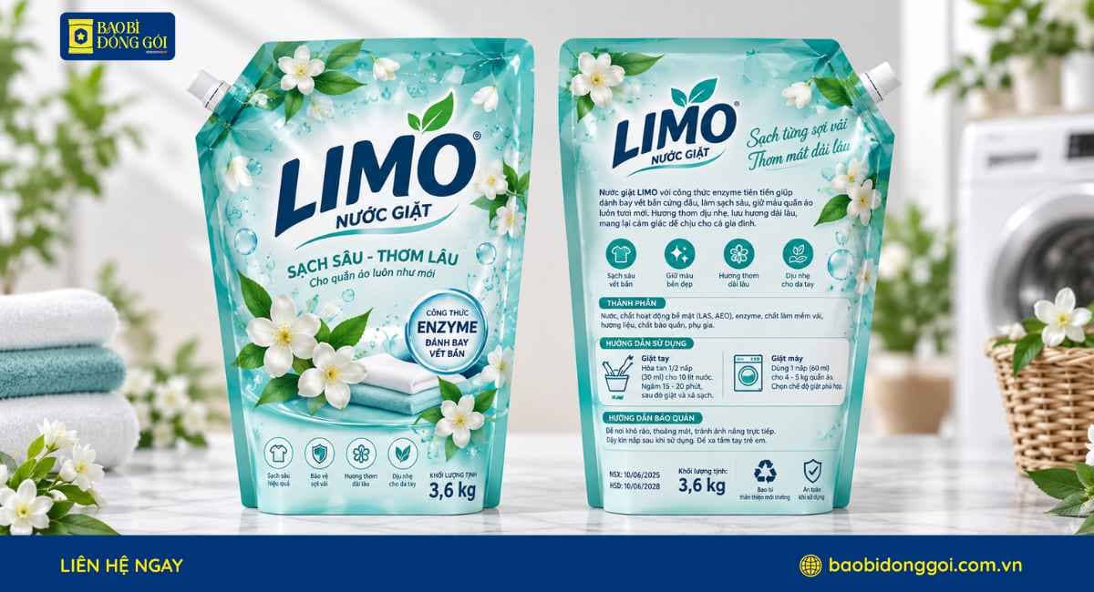 Mẫu bao bì nước giặt đẹp in trục đồng ghép dung môi 3 lớp